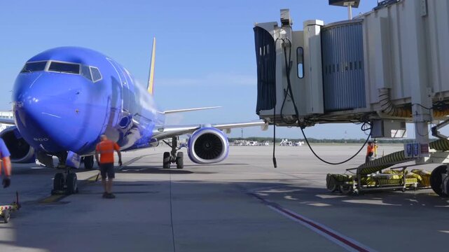 Ground Crew Preparing Blue Airplane At Jet Bridge On Airport Tarmac With Tow Tractor