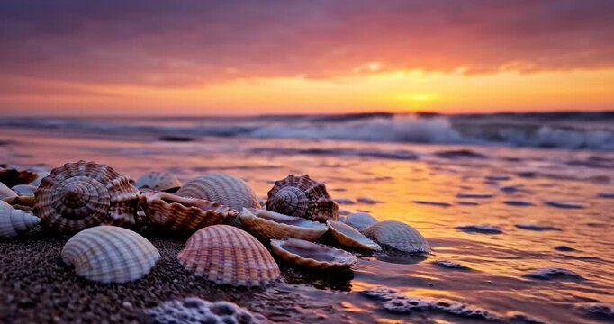 Seashells and Ocean Waves on a Sandy Beach at Sunset, Serene Coastal Landscape.