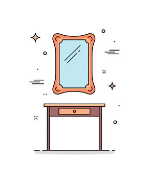 Antique style wall mirror decor concept featuring a rectangular ornate frame with curved accents centered above a narrow console table with a single drawer.