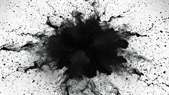 Black powder exploding and spreading on white background for dramatic motion effect