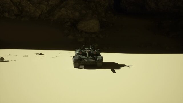 Unmanned tank conducting remote training run, clean lines of armor bathed in harsh light, telemetry antennas visible, emphasis on autonomous systems