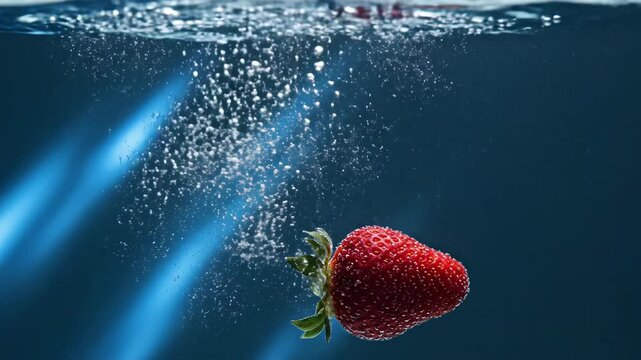 Strawberry falling and sinking underwater in slow motion for food and beverage content