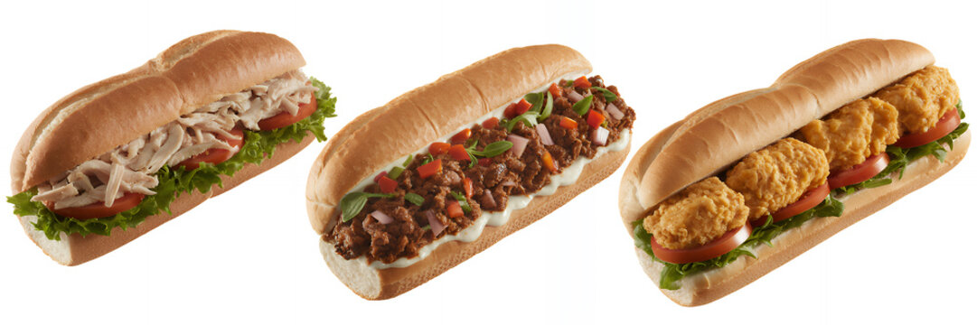 Three sandwiches on white background subs food lunch