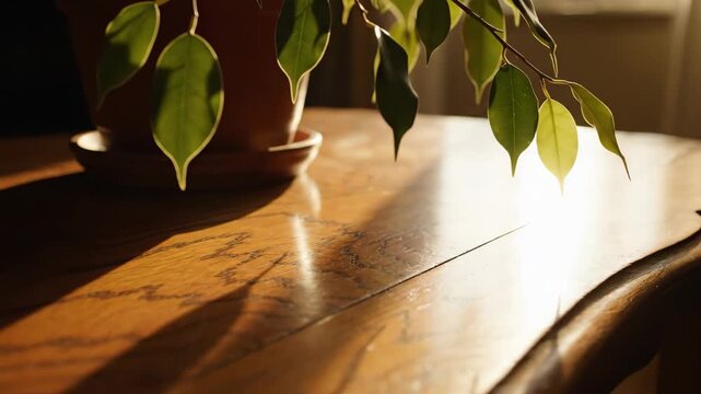 Sunlight glowing on wooden table with ficus plant leaves for home and interior content