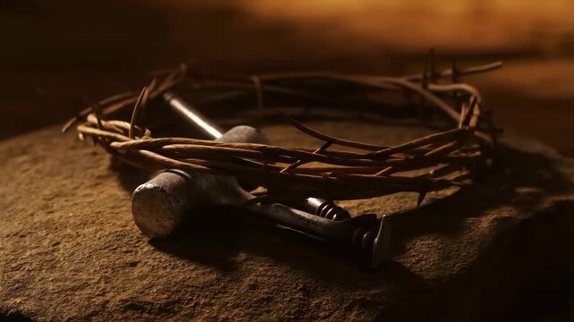 Crown thorns with nails on stone, symbolizing sacrifice and faith featuring christianity, jesus, christ with passion and crucifixion elements for