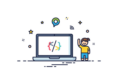 Kids coding class scene featuring a simple laptop with colorful code brackets on screen and a small student figure raising a hand, expressing problem solving,