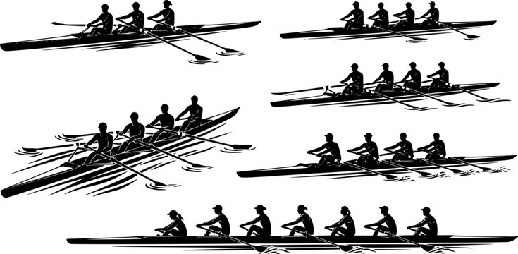 Silhouettes of single, double, quad, and eight-person rowing teams, sculling and sweep boats, competitive crew sport vector illustration, water racing concept