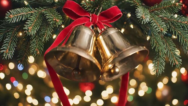 Golden jingle bells swinging on christmas tree with bokeh lights for holiday celebration content