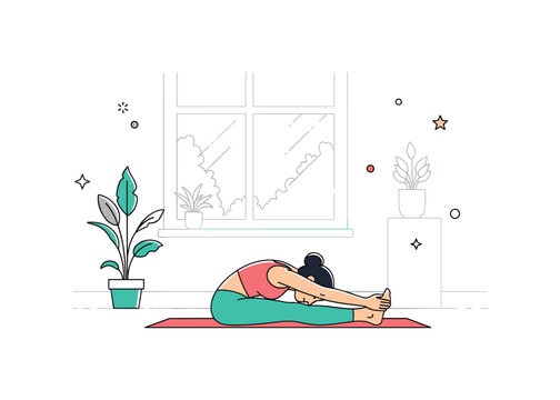 Sunlit stretching routine shown as a person performing a gentle forward fold on a mat near a bright window silhouette, expressing flexibility and quiet focus.