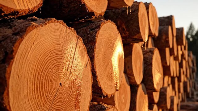 Stacked timber logs with visible tree rings in warm golden light for lumber and forestry industry