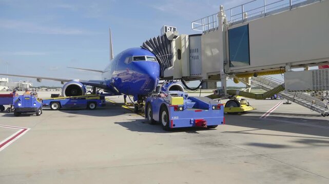 Ground Crew Preparing Blue Airplane At Jet Bridge On Airport Tarmac With Tow Tractor
