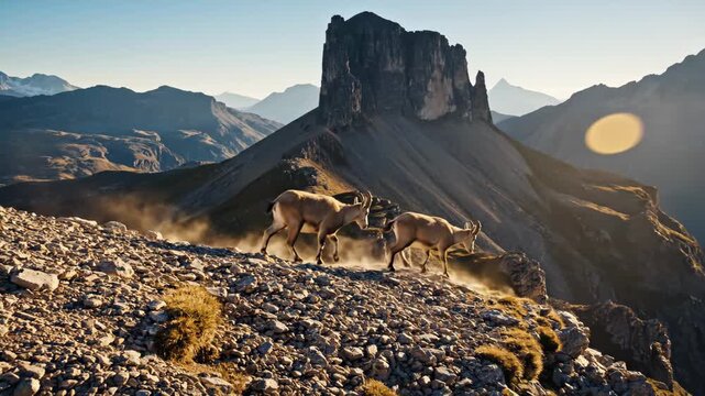 Wild ibex running across rocky alpine ridge in dramatic mountain landscape for nature and wildlife content