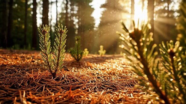 Young pine seedlings growing in sunlit forest floor for nature and ecology content