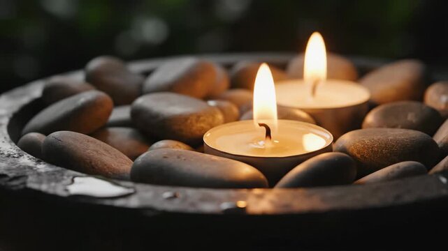 Candles flickering on smooth river stones in dark bowl for spa and wellness content