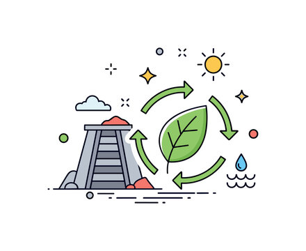 Sustainable mining practices represented by a simplified mine shaft icon combined with a leaf and circular arrows, highlighting environmental stewardship and