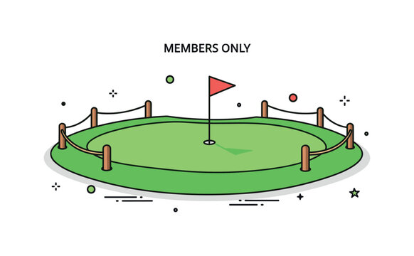 Members only golf green perfectly trimmed putting green with a flagstick centered and subtle rope barriers around the perimeter, highlighting exclusivity and