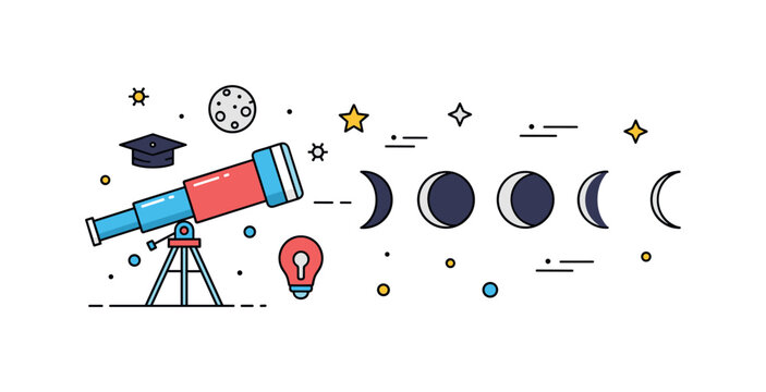 Educational astronomy badge illustrated with a telescope pointing toward a sequence of moon phase icons, conveying learning, discovery, and interest in space