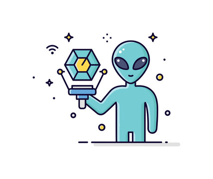 Alien technology symbol glowing geometric device held by a simplified extraterrestrial figure, representing advanced intelligence and futuristic innovation.