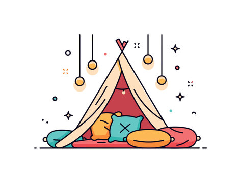 Warm home hideout scene showing a soft blanket tent filled with cushions and subtle hanging lights, conveying relaxation and simple indoor joy. A cohesive