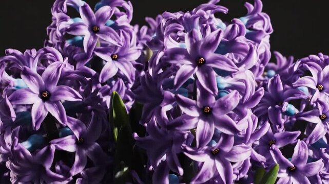 Purple hyacinth bouquet blooming in close up on dark background for spring and gift content