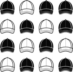 Fototapeta premium Baseball cap illustrations, 16 black and white line art caps, various angles, curved brims, six-panel design, clean minimalistic layout, white background