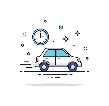 Rush hour commute single car surrounded by small clock icon and subtle motion lines, conveying time pressure and busy metropolitan life. Minimalist flat vector