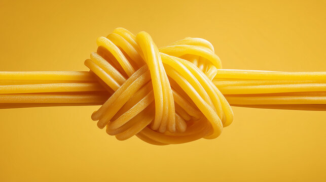Single Yellow Spaghetti Noodle Tied in Tight Overhand Knot Minimalist Concept Food Styling for National Pasta Day and Italian Cuisine