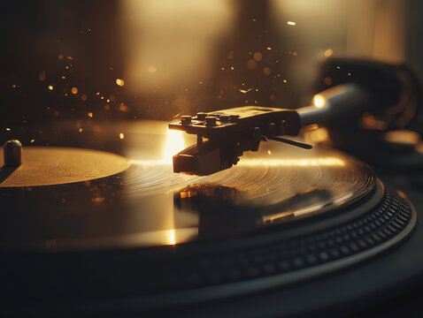 Macro shot of a turntable needle playing a vinyl record, vintage analog audio equipment with warm golden bokeh lighting, cinematic music background.