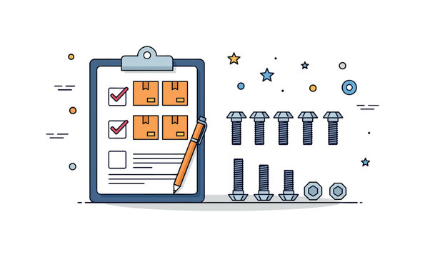 Furniture instruction checklist scene featuring a small clipboard with completed boxes and neatly sorted bolts arranged by size. The composition communicates