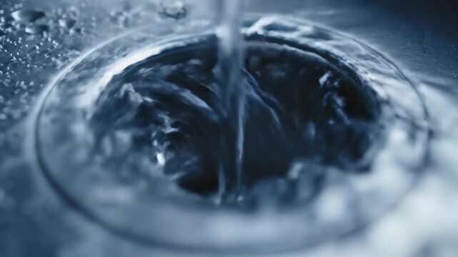 Water flowing and draining into stainless steel sink drain in slow motion for plumbing and household content
