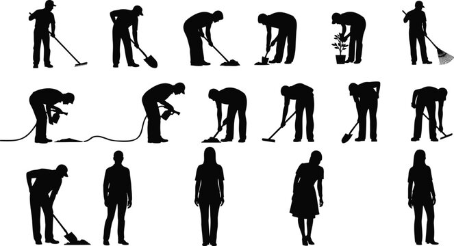 Silhouette collection of workers performing cleaning, gardening, and maintenance tasks, including sweeping, digging, watering plants, and using tools for outdoor and household labor activities