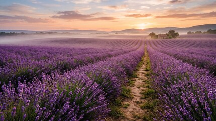 Obraz premium Vast lavender fields stretch towards the horizon under a sunrise sky.