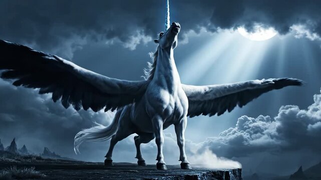 Majestic winged unicorn rearing and posing on rocky cliff under moonlight for fantasy and mythical content