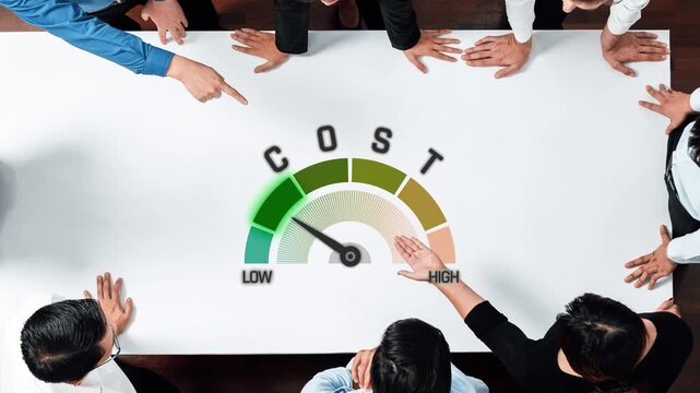 A team engages in a strategic meeting focused on cost management, analyzing a gauge that represents cost levels from low to high, fostering collaborative discussion. Raster