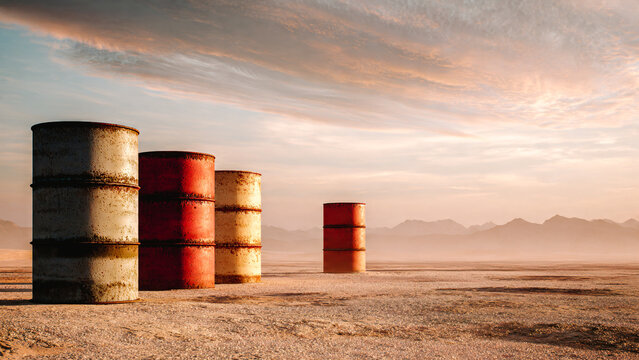 Barils de p&eacute;trole dans le desert