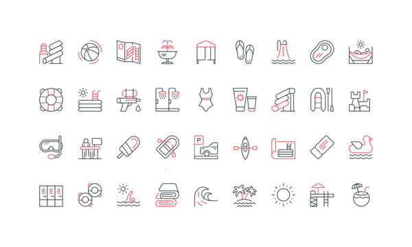 Water park for summer beach activity, waterslide and tube, aquapark map, pool line icon set. Shower and locker, reception desk and parking thin black and red outline symbols vector illustration