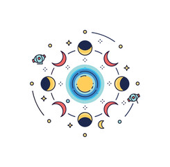 Obraz premium Lunar cycle badge circular emblem featuring layered moon phase icons and subtle star dots, representing astronomy, nature cycles and timeless celestial