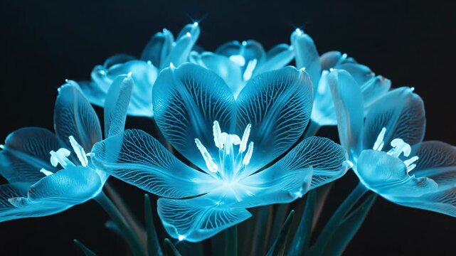 Glowing blue tulips blooming and opening into luminous flowers on dark background for nature and fantasy content
