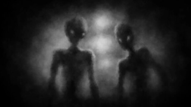 Eerie silhouettes of alien humanoids in beams of light. 2D animation in the sci-fi horror genre. Blue background. Looping video in VJ style. Eerie animated short film. A dark ghost in the haze.