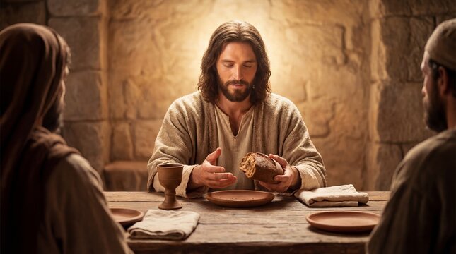 Jesus sharing bread with disciples during the Last Supper scene  