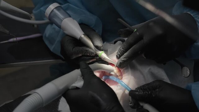 Orthodontist performing a professional oral hygiene procedure on a patient's teeth using a dental air polisher and a suction tube to remove plaque and stains in a modern clinic