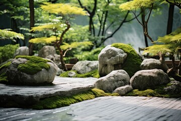 Fototapeta premium A serene garden featuring rocks, trees, and a walkway. Ideal for landscaping projects and nature-themed designs