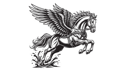 Obraz premium Pegasus winged horse in mid-air with detailed mane and flowing tail, captured in a dynamic black and white illustration style.