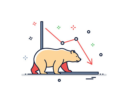 Stock market trading bear market indicator featuring a minimal bear silhouette combined with a descending graph line. The composition conveys caution, downturn