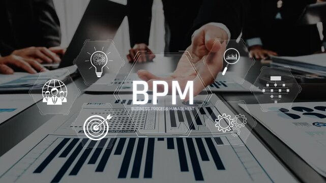 Modern office scene illustrating business process management concepts with graphs and charts. Team members collaborate and analyze data to enhance workflow and efficiency. Raster