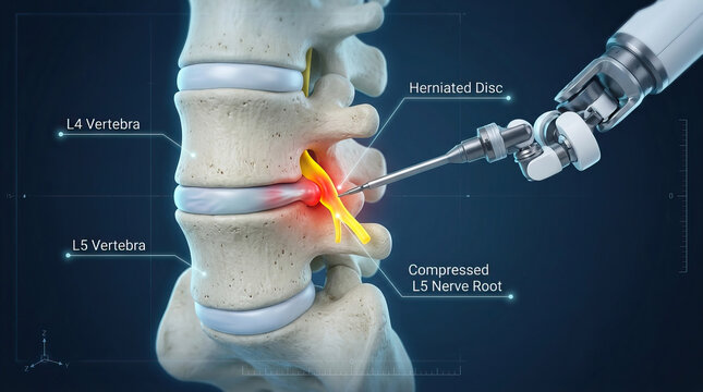 Lumbar spine herniated disc compressed nerve spinal surgery medical illustration robotic surgery l4 vertebra l5 vertebra nerve root minimally invasive lumbar spine herniated disc compressed nerve