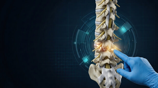 Medical spine anatomy human vertebra spinal cord nerve back pain disc injury doctor hand blue glove diagnosis healthcare orthopedic treatment sciatic nerve concept on digital technology background