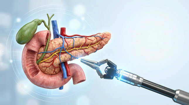 Robotic surgery pancreas medical technology artificial intelligence digestive organ human anatomy healthcare innovation hospital surgery futuristic medicine surgical instrument biotechnology