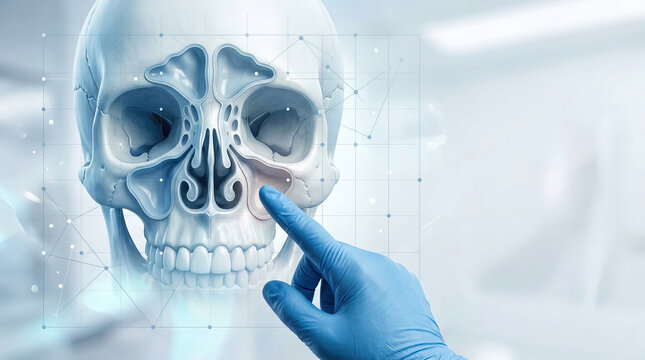 Human skull anatomy healthcare illustration medical skull diagram sinus cavity structure doctor hand touch interface blue glove technology diagnostic education concept