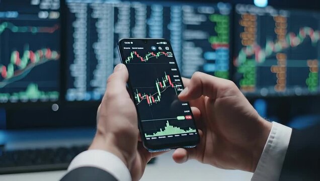 Trader analyzes stock market data on smartphone. Dynamic charts display real-time market trends. Financial analysis drives investment decisions in modern trading environment.